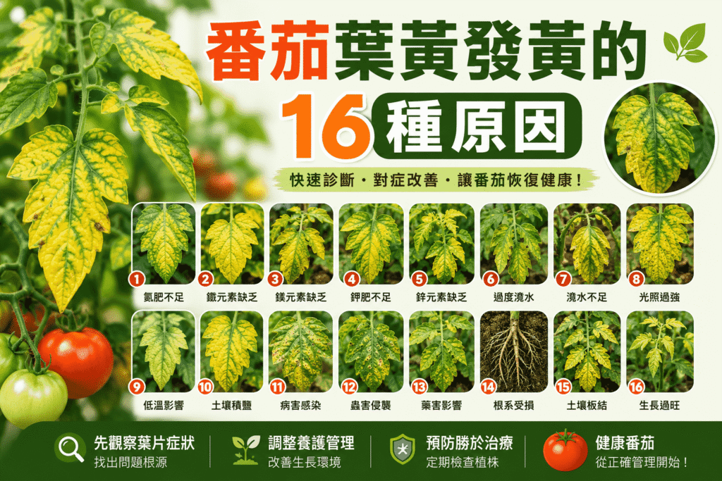 番茄葉黃發黃的16種原因|葉子變黃、下垂、捲曲原因與改善方法完整解析 番茄葉黃發黃的16種原因 compressed