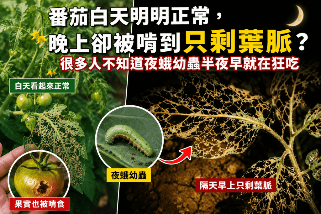 番茄白天明明正常,晚上卻被啃到只剩葉脈?很多人不知道夜蛾幼蟲半夜早就在狂吃 蕃茄夜蛾幼蟲2026.5.18.3 compressed (1)